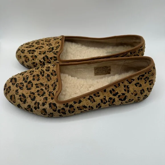 UGG Women's Leopard Print Tan Suede Slip-On Flats with Shearling - Picture 8 of 11
